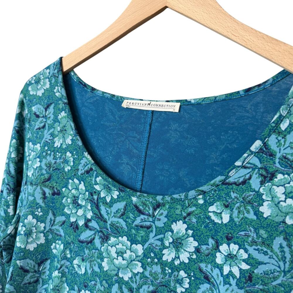 Peruvian Connection Floriana Midi Dress Long Sleeve Floral Blue Green Medium - Picture 7 of 11